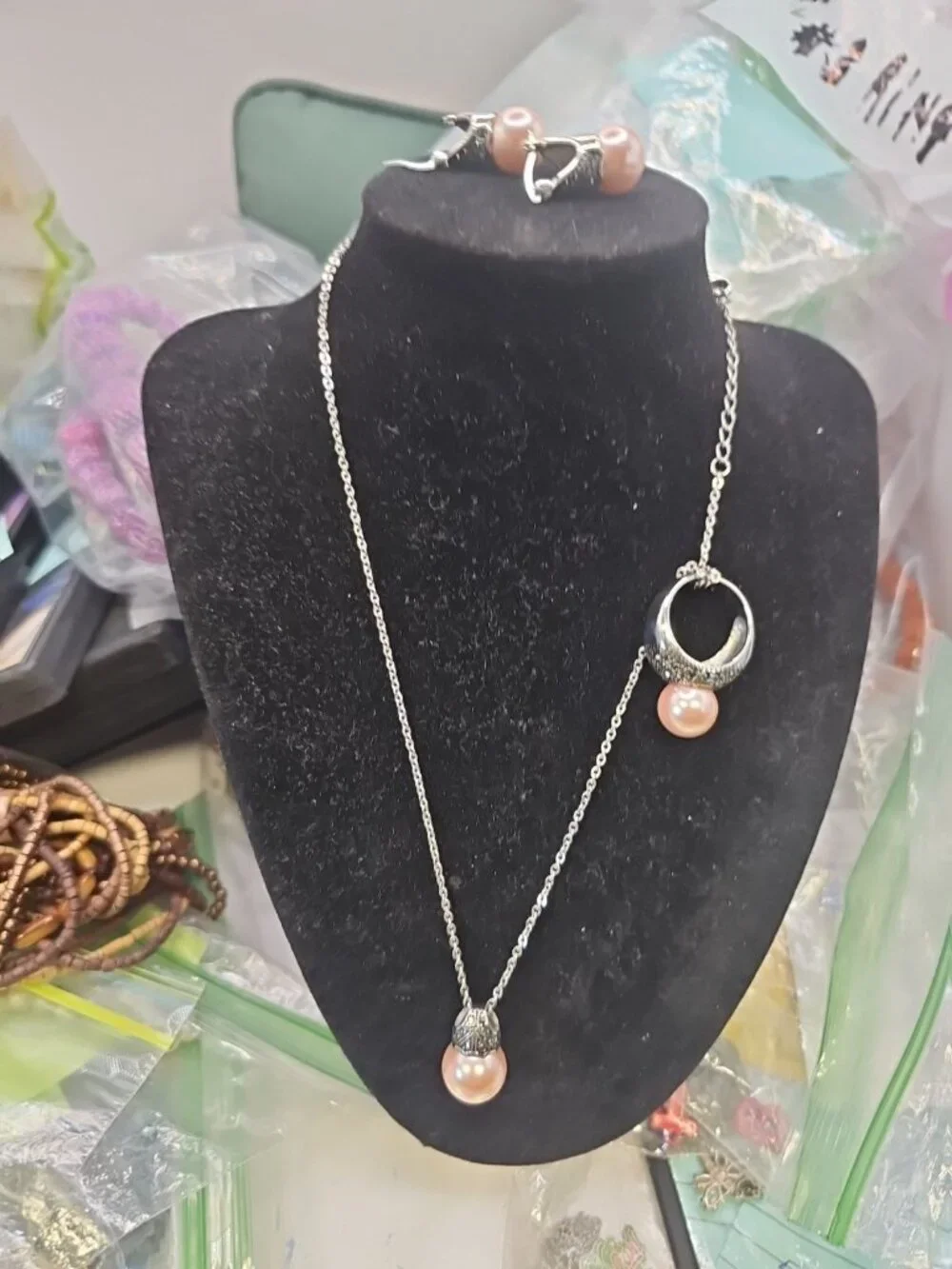 Set Pink Faux Pearl Stainless Steel Pierced 19